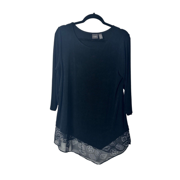 Chicos Travelers Seashell Tunic Top Black MED Asymmetrical Hem Stretch USA Beach - Picture 1 of 9